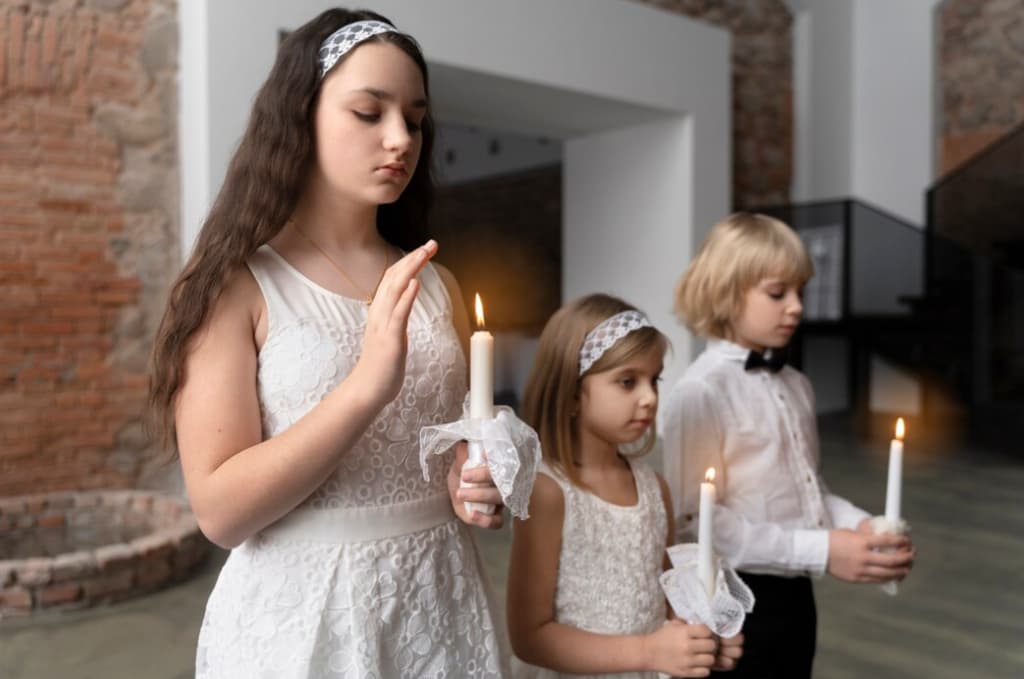 Young girl leads candle ceremony with others at church